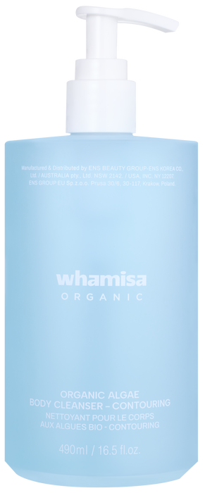 Blue bottle of whamisa Organic Body Cleanser with pump on a white background