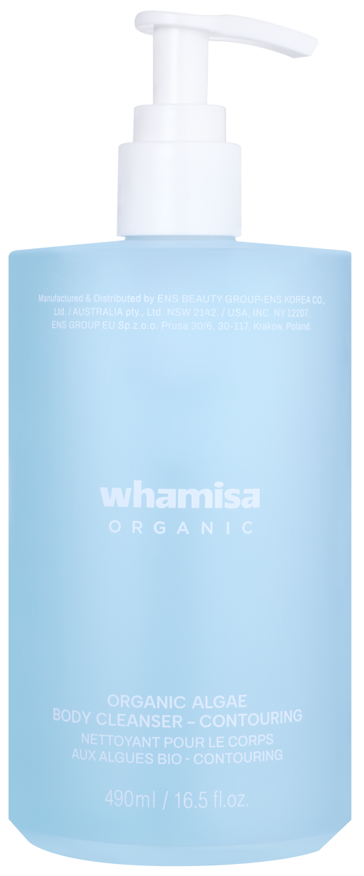 Blue bottle of whamisa Organic Body Cleanser with pump on a white background